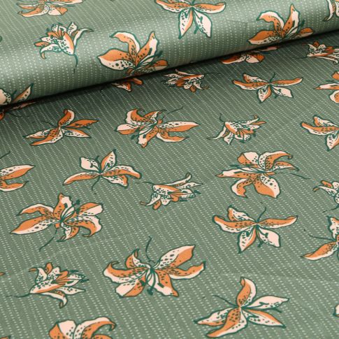 Tissu Satin Fleurs et rayures sur fond Vert