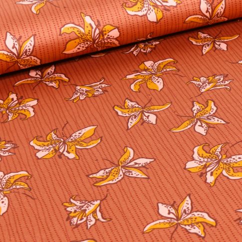 Tissu Satin Fleurs et rayures jaune sur fond Orange