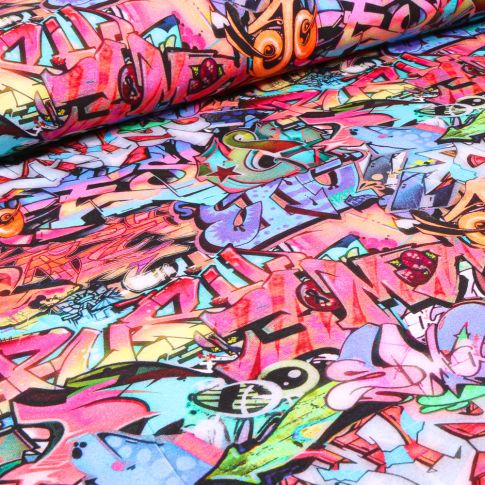 Tissu Jersey Coton Bio Graffiti sur fond Multicolore