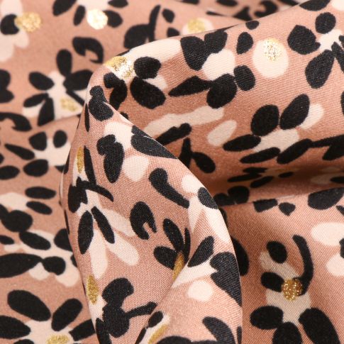 Tissu Crêpe imprimé Fleurs et pois dorés sur fond Beige
