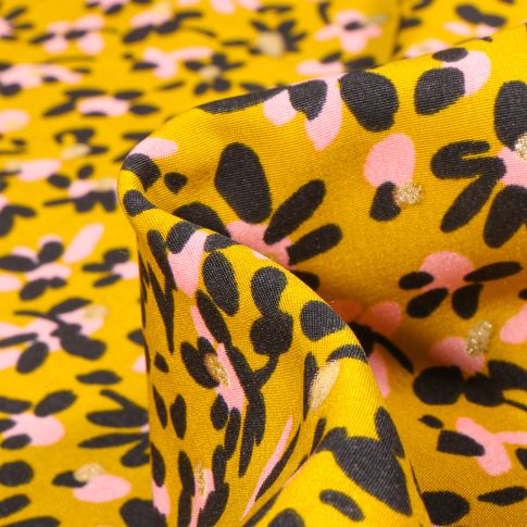 Tissu Crêpe imprimé Fleurs et pois dorés sur fond Jaune