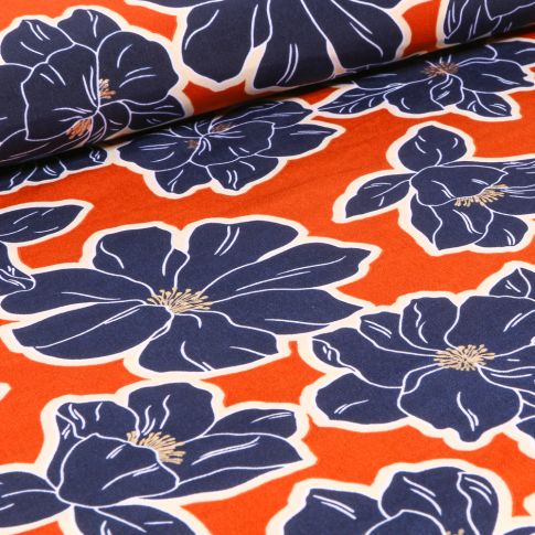Tissu Crêpe imprimé Grandes fleurs bleu sur fond Orange