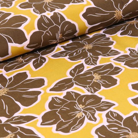 Tissu Crêpe imprimé Grandes fleurs marron sur fond Jaune