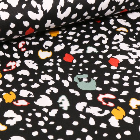Tissu Coton satiné extensible Tâches léopard et colorées sur fond Noir