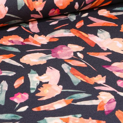 Tissu Jersey Viscose  Fleurs aquarelle sur fond Bleu marine