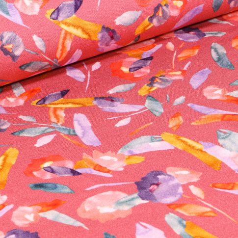 Tissu Jersey Viscose  Fleurs aquarelle sur fond Corail