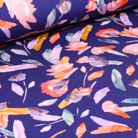 Tissu Jersey Viscose  Fleurs aquarelle sur fond Bleu roi