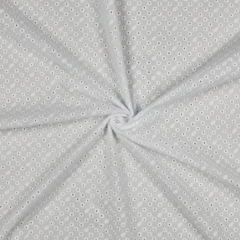 Tissu Coton brodé festonné Motif Floraux ajourés sur fond Blanc pur