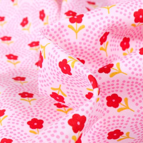 Tissu Coton imprimé Fleurs et arc en ciel pois sur fond Rose