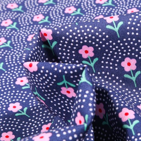 Tissu Coton imprimé Fleurs et arc en ciel pois sur fond Bleu foncé