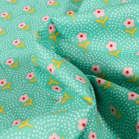 Tissu Coton imprimé Fleurs et arc en ciel pois sur fond Vert menthe