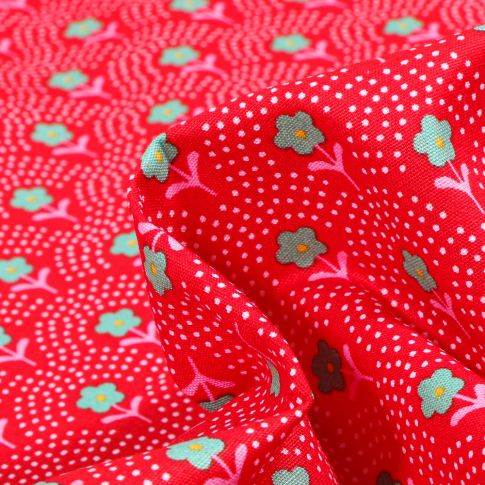 Tissu Coton imprimé Fleurs et arc en ciel pois sur fond Rouge