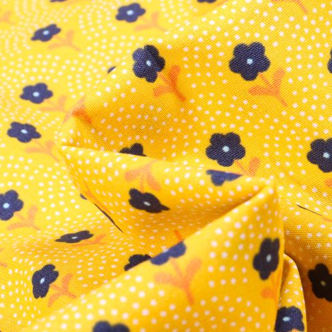 Tissu Coton imprimé Fleurs et arc en ciel pois sur fond Jaune