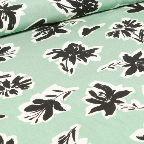 Tissu Viscose Bouquets de fleurs noires sur fond Vert menthe