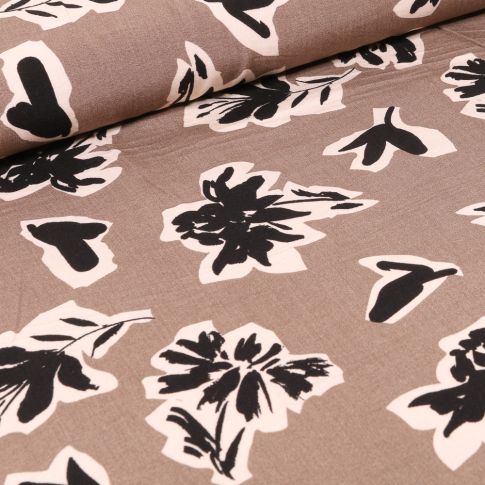 Tissu Viscose Bouquets de fleurs noires sur fond Taupe