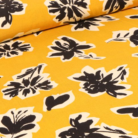 Tissu Viscose Bouquets de fleurs noires sur fond Jaune