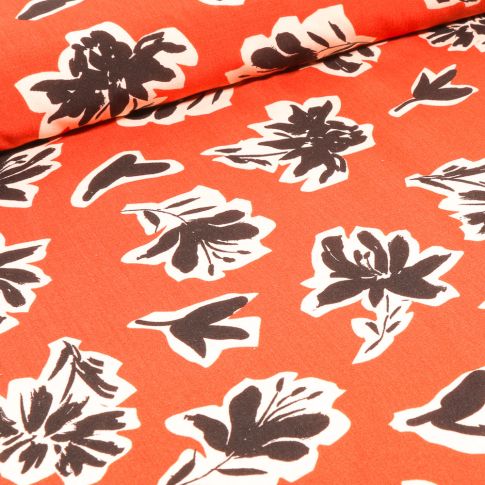 Tissu Viscose Bouquets de fleurs noires sur fond Orange