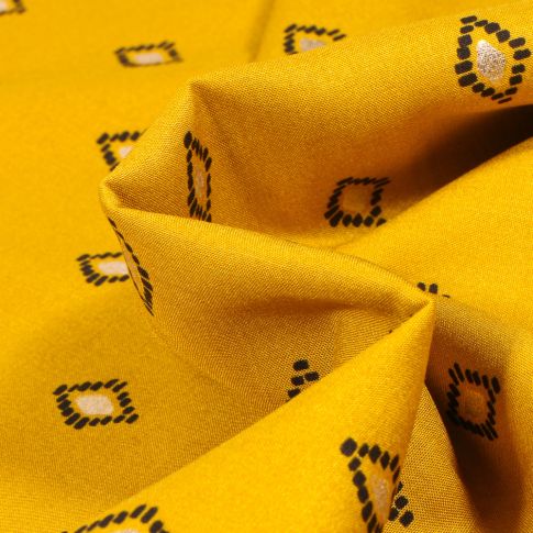 Tissu Viscose Losanges ethniques dorés sur fond Jaune
