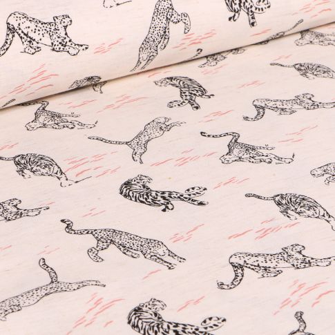 Tissu Viscose Lin Panthère sur fond Blanc cassé