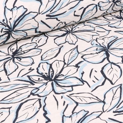 Tissu Viscose Lin Grandes fleurs bleues sur fond Blanc