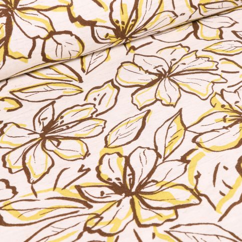 Tissu Viscose Lin Grandes fleurs jaune sur fond Blanc
