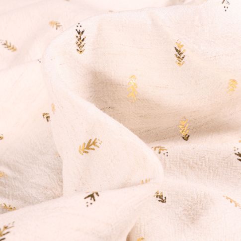 Tissu Viscose Lin Feuilles dorés sur fond Ecru