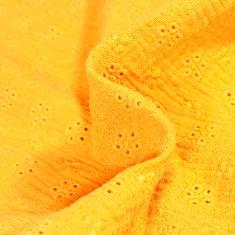 Tissu Double gaze brodé ajouré Petites fleurs sur fond Jaune