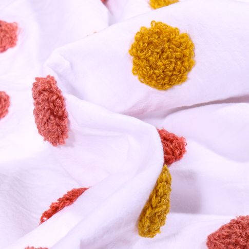 Tissu Coton lavé Pois en relief ocre et terracotta sur fond Blanc