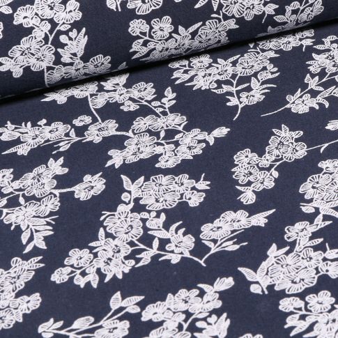 Tissu Coton imprimé Branches fleuries sur fond Bleu marine
