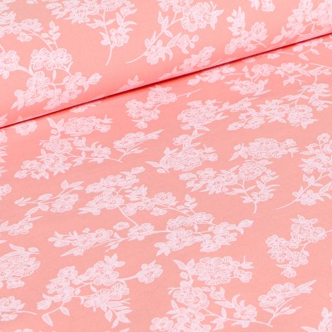 Tissu Coton imprimé Branches fleuries sur fond Rose