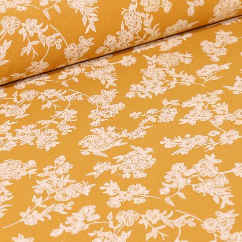Tissu Coton imprimé Branches fleuries sur fond Jaune moutarde