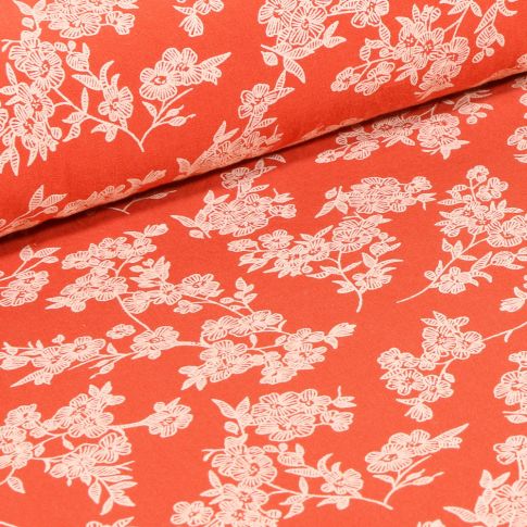 Tissu Coton imprimé Branches fleuries sur fond Orange