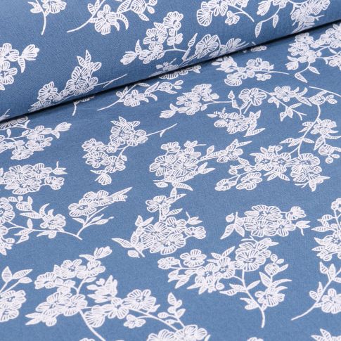 Tissu Coton imprimé Branches fleuries sur fond Bleu