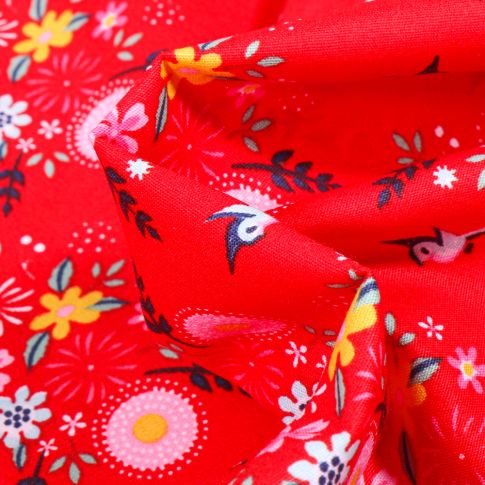 Tissu Coton imprimé Fleurs estivales sur fond Rouge