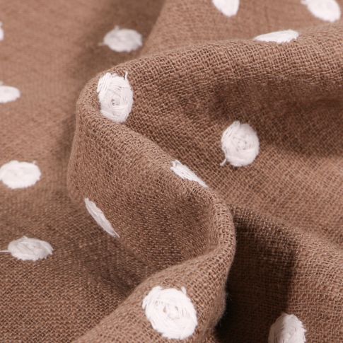 Tissu Coton lavé Pois brodés sur fond Marron