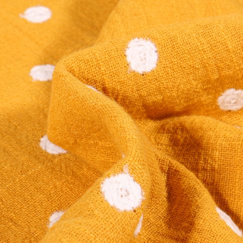 Tissu Coton lavé Pois brodés sur fond Jaune