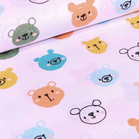 Tissu Coton imprimé LittleBird Têtes d'ours sur fond Blanc