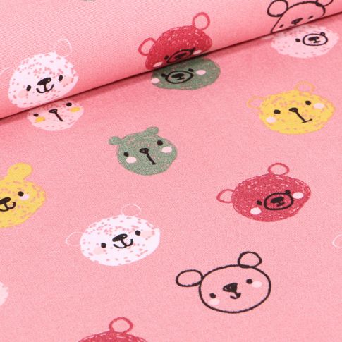 Tissu Coton imprimé LittleBird Têtes d'ours sur fond Rose