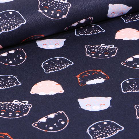 Tissu Coton imprimé Têtes de chats sur fond Bleu marine