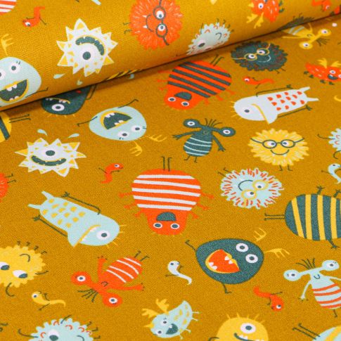 Tissu Coton imprimé LittleBird Montres rigolo sur fond Jaune moutarde