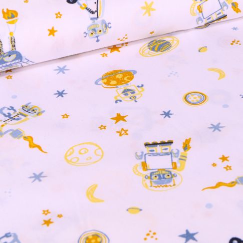 Tissu Coton imprimé LittleBird Robot et planètes sur fond Blanc