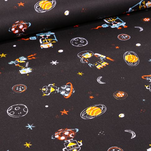 Tissu Coton imprimé LittleBird Robot et planètes sur fond Noir