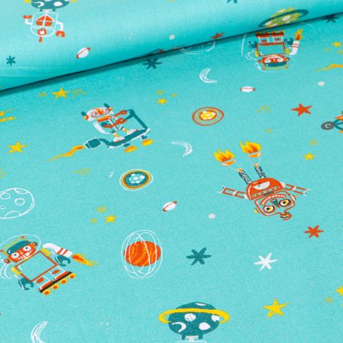 Tissu Coton imprimé LittleBird Robot et planètes sur fond Vert menthe