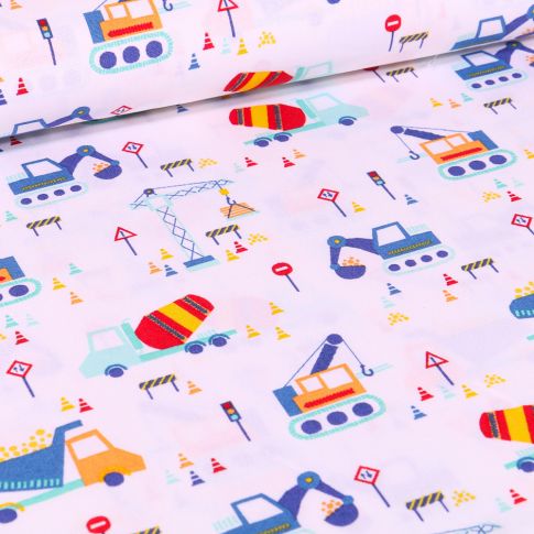 Tissu Coton imprimé LittleBird Chantier en cours sur fond Blanc