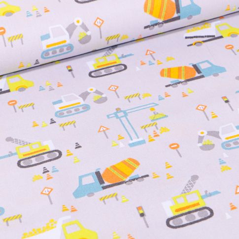 Tissu Coton imprimé LittleBird Chantier en cours sur fond Gris clair