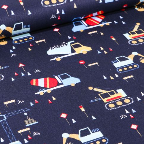 Tissu Coton imprimé LittleBird Chantier en cours sur fond Bleu marine