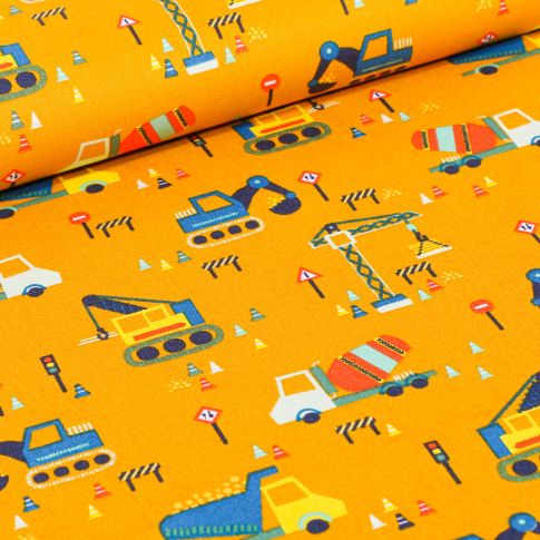 Tissu Coton imprimé LittleBird Chantier en cours sur fond Jaune