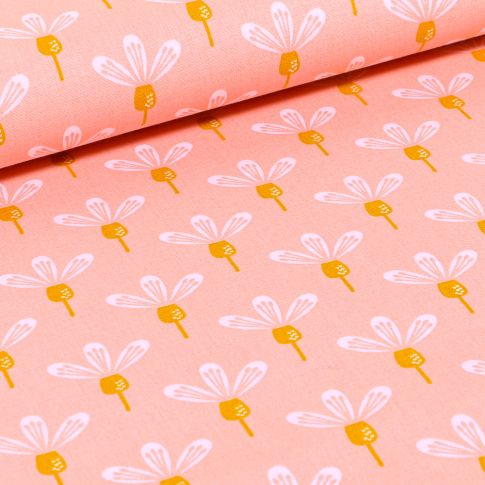 Tissu Coton imprimé Fleurs blanches tiges jaunes sur fond Rose