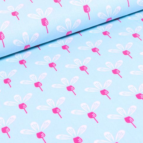 Tissu Coton imprimé Fleurs blanches tiges rose sur fond Bleu ciel