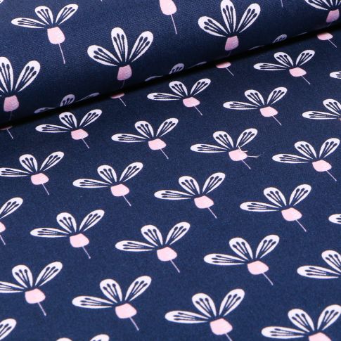Tissu Coton imprimé Fleurs blanches tiges rose sur fond Bleu marine